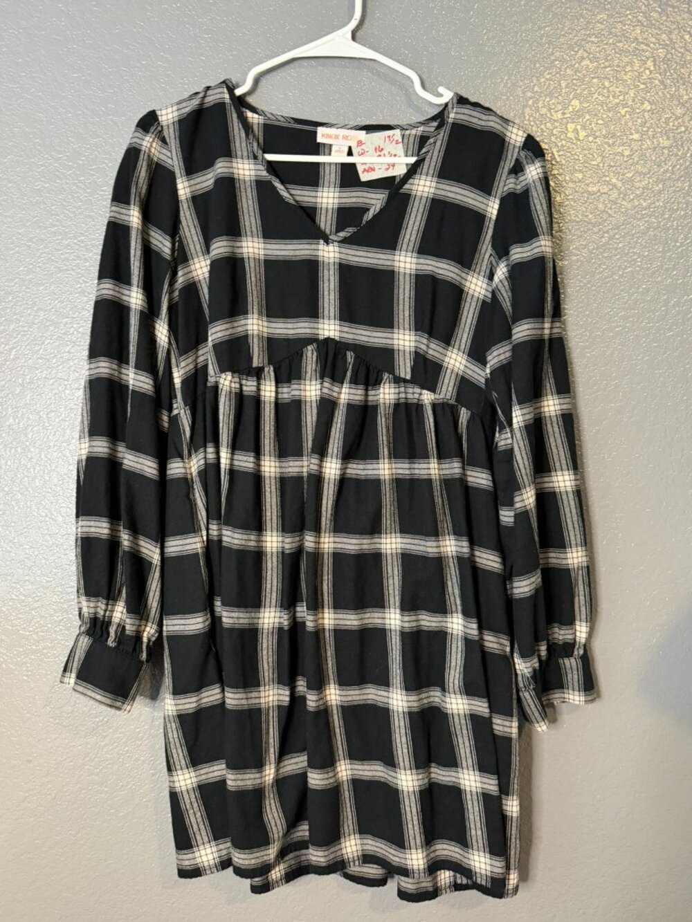 Knox Rose Women’s Small Black White Plaid Babydoll Dress Long Sleeve